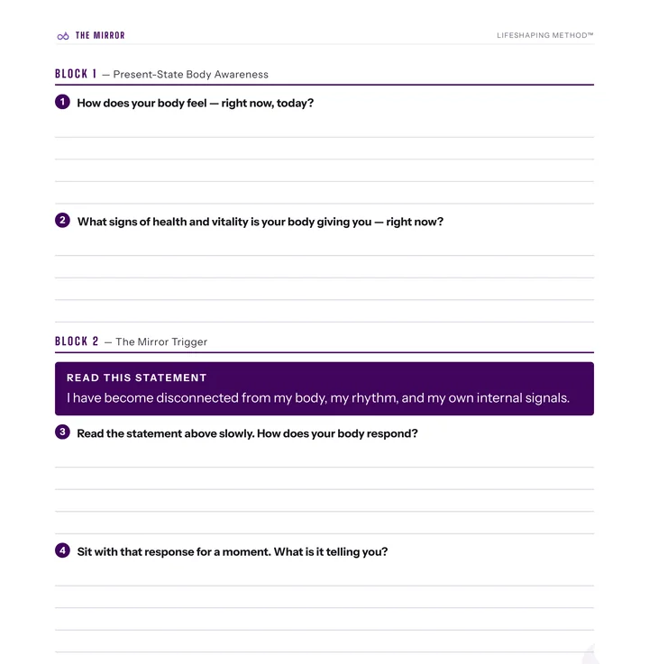 The Mirror™ page with questions 1–4 from the 7-Day Foundation Guide